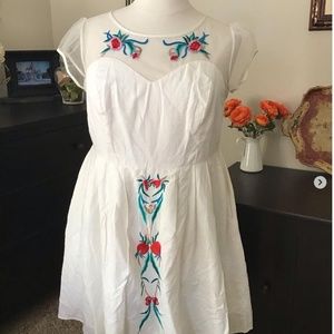 eShakti white linen and sheer tulle embroidered dress